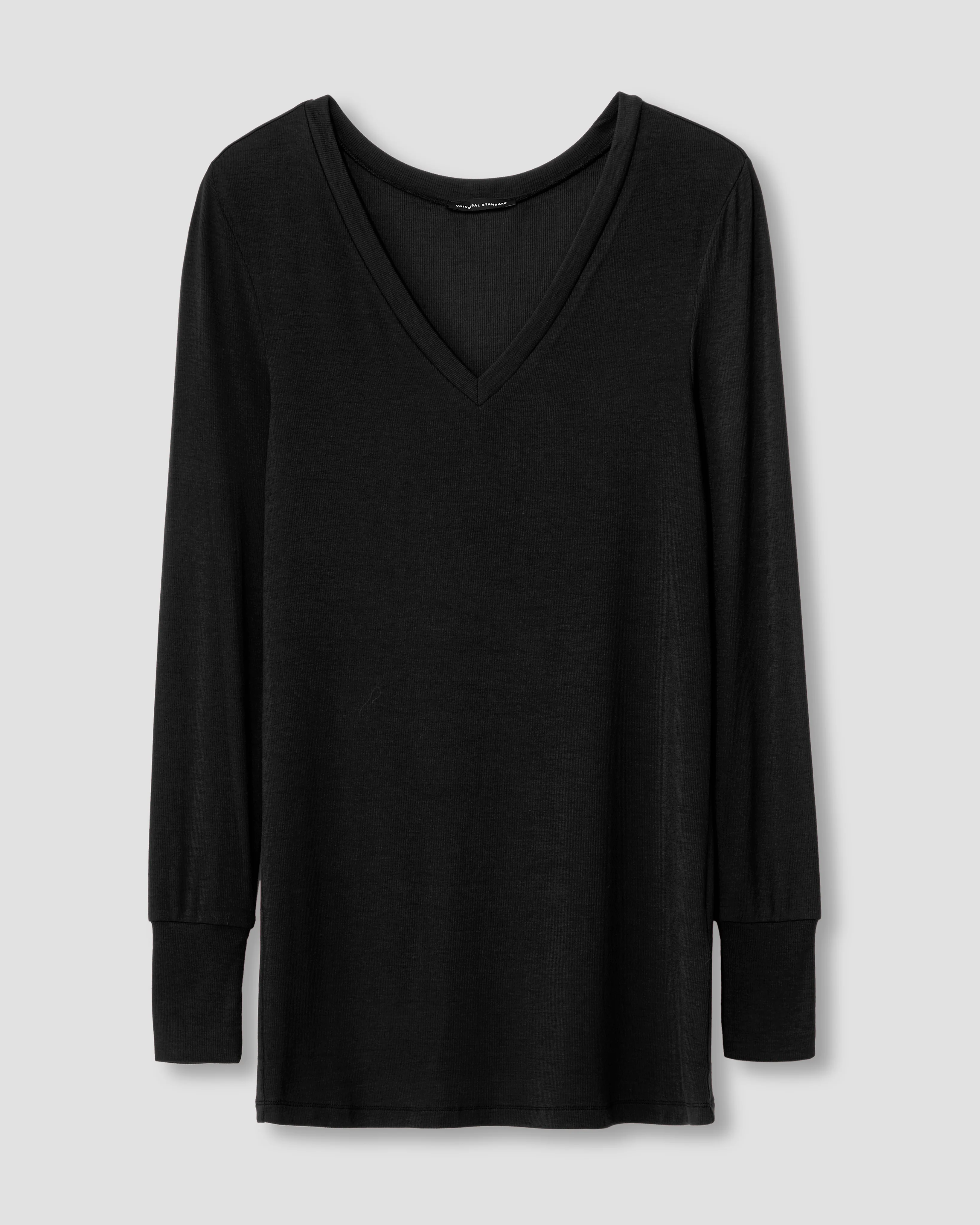 Cloud Rib Long Sleeve V-Neck Tee - Black - Image 4