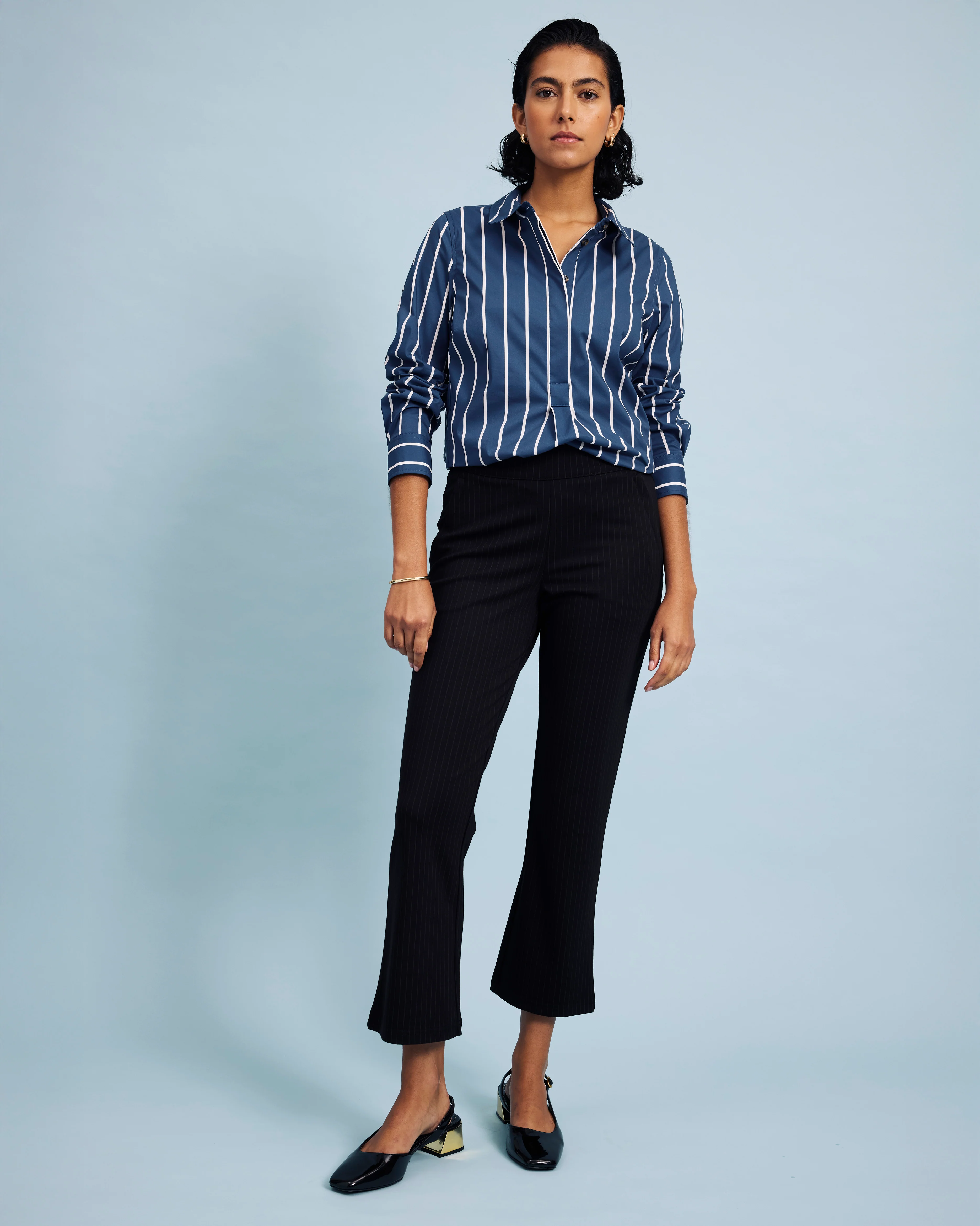Elbe Popover Stretch Poplin Shirt Classic Fit - Ensign Blue/White Stripe - Image 6